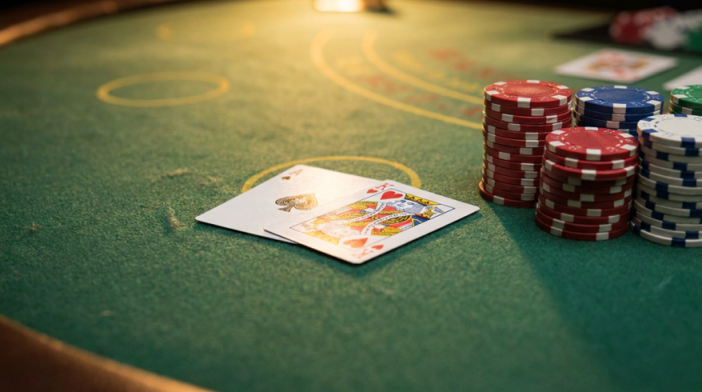 Table de blackjack avec cartes et jetons