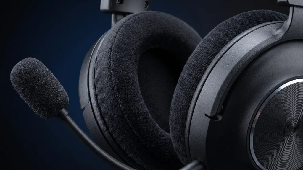 Gros plan dun casque gaming : coussinets a memoire de forme et micro cardioide