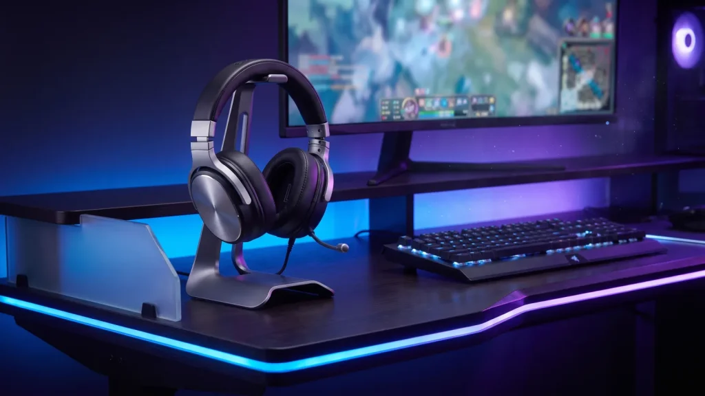 Casque gaming sur support avec eclairage RGB sur un bureau gaming