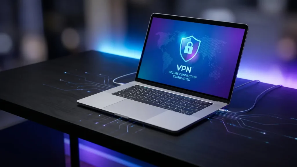 Interface VPN sécurisée affichée sur un ordinateur portable
