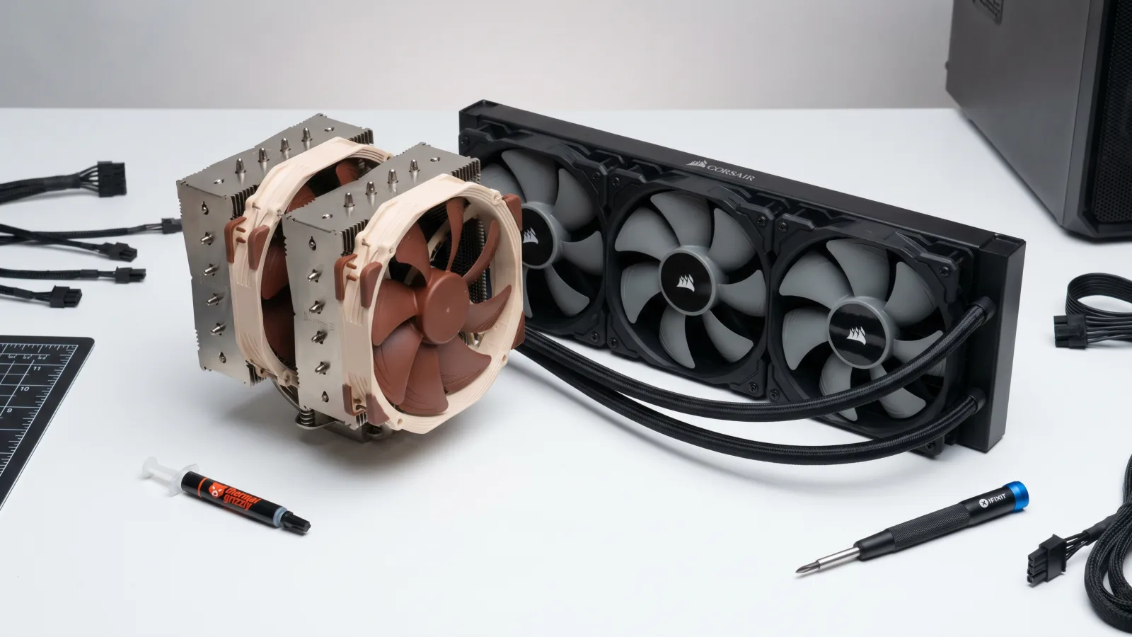 Ventirad et radiateur watercooling AIO c&ocirc;te &agrave; c&ocirc;te sur un banc de test