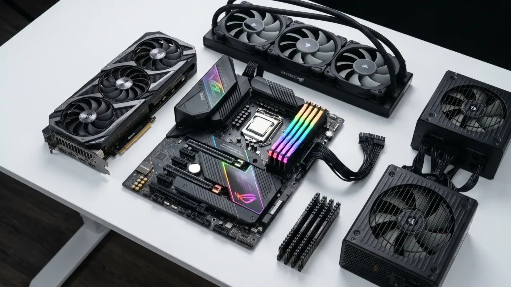 Composants pour monter un PC gamer posés sur un bureau