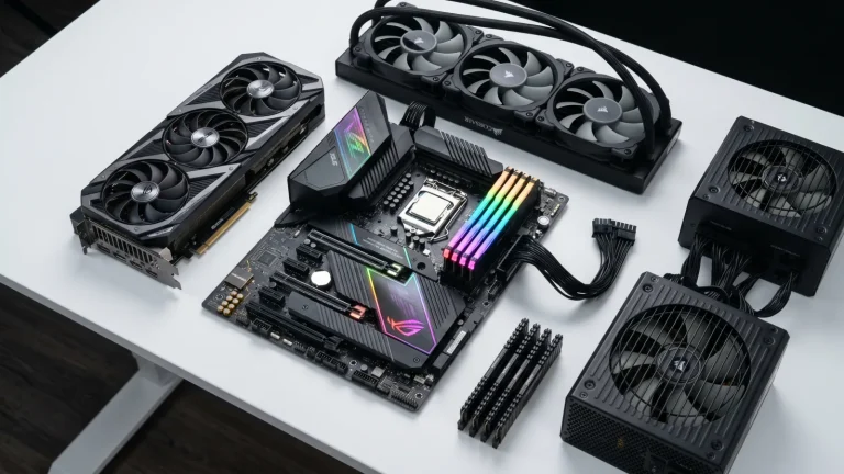 Composants pour monter un PC gamer posés sur un bureau