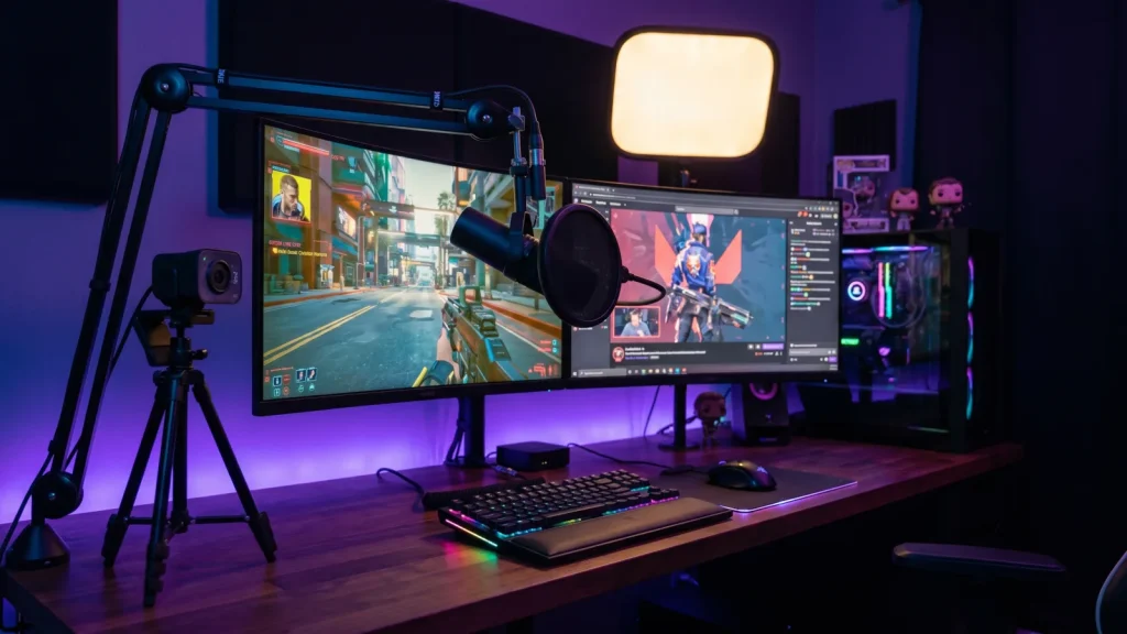 Setup de streaming Twitch avec micro, webcam et éclairage RGB