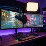 Setup de streaming Twitch avec micro, webcam et éclairage RGB