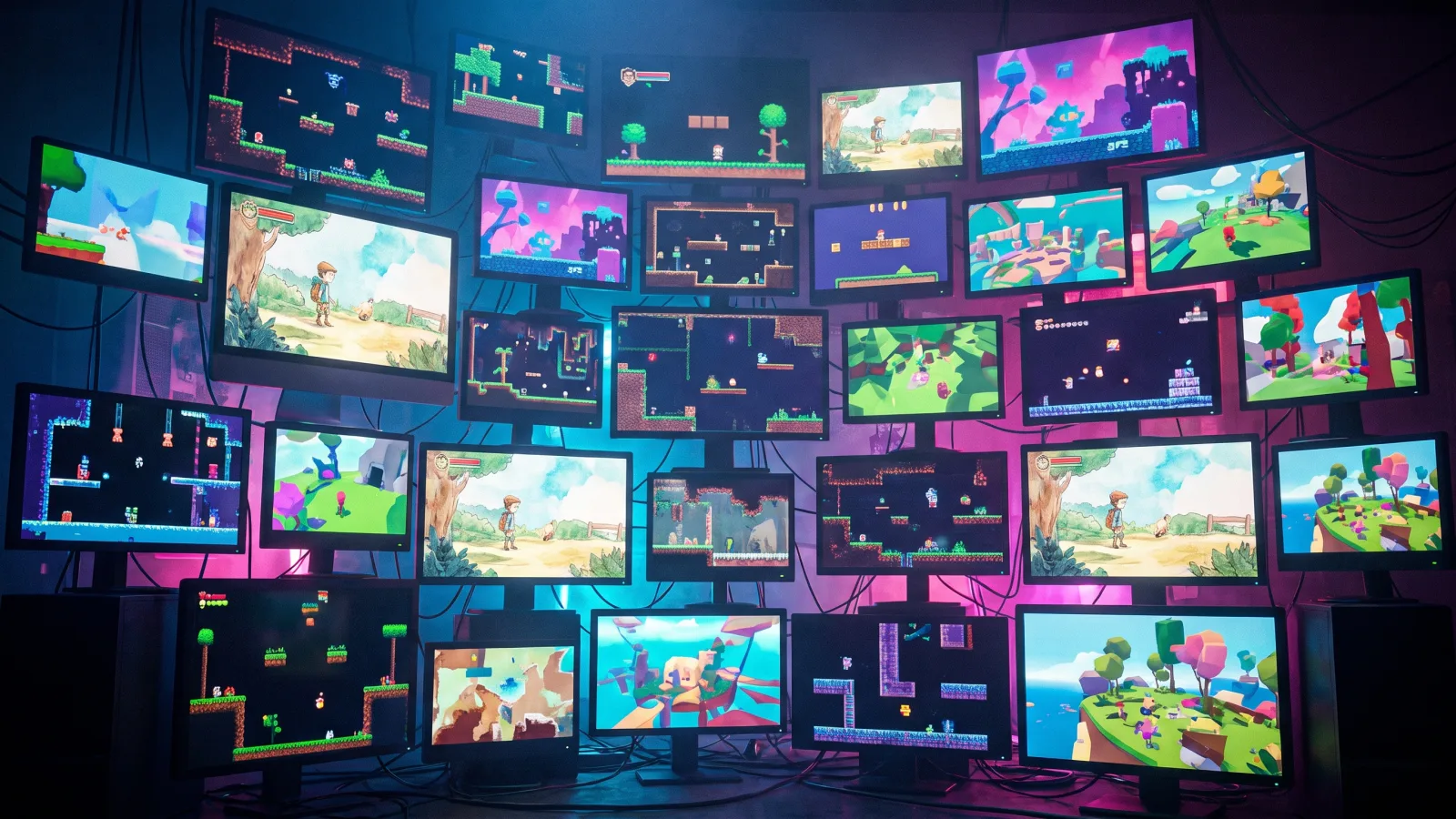 Mur d'écrans montrant divers jeux indépendants