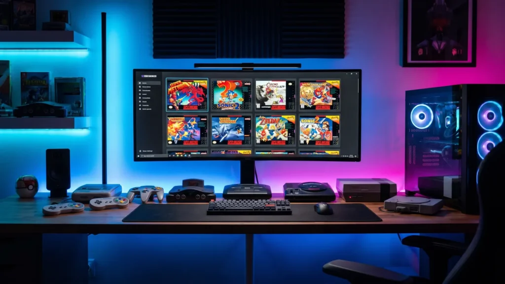 Bureau gaming avec émulation rétro sur PC et manettes vintage