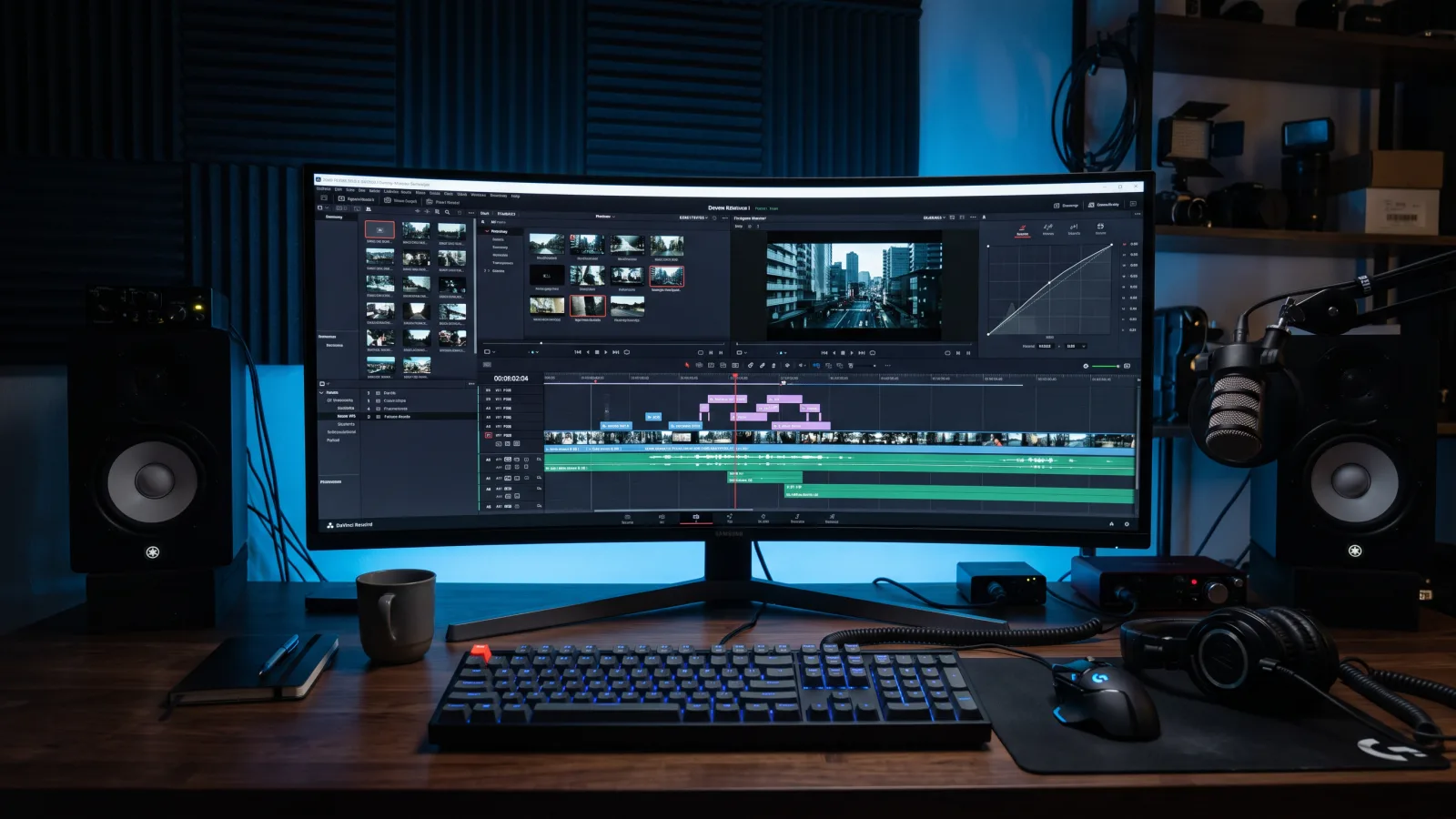 Écran affichant une timeline de montage vidéo multipiste dans un logiciel professionnel