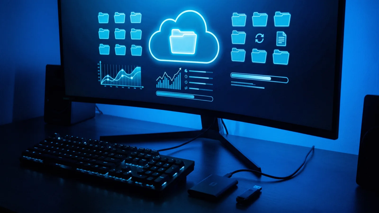 Ecran de PC affichant une interface de sauvegarde cloud avec barres de progression, SSD externe et cle USB posés à côté