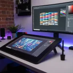 Bureau de création numérique avec tablette graphique à écran et illustration en cours