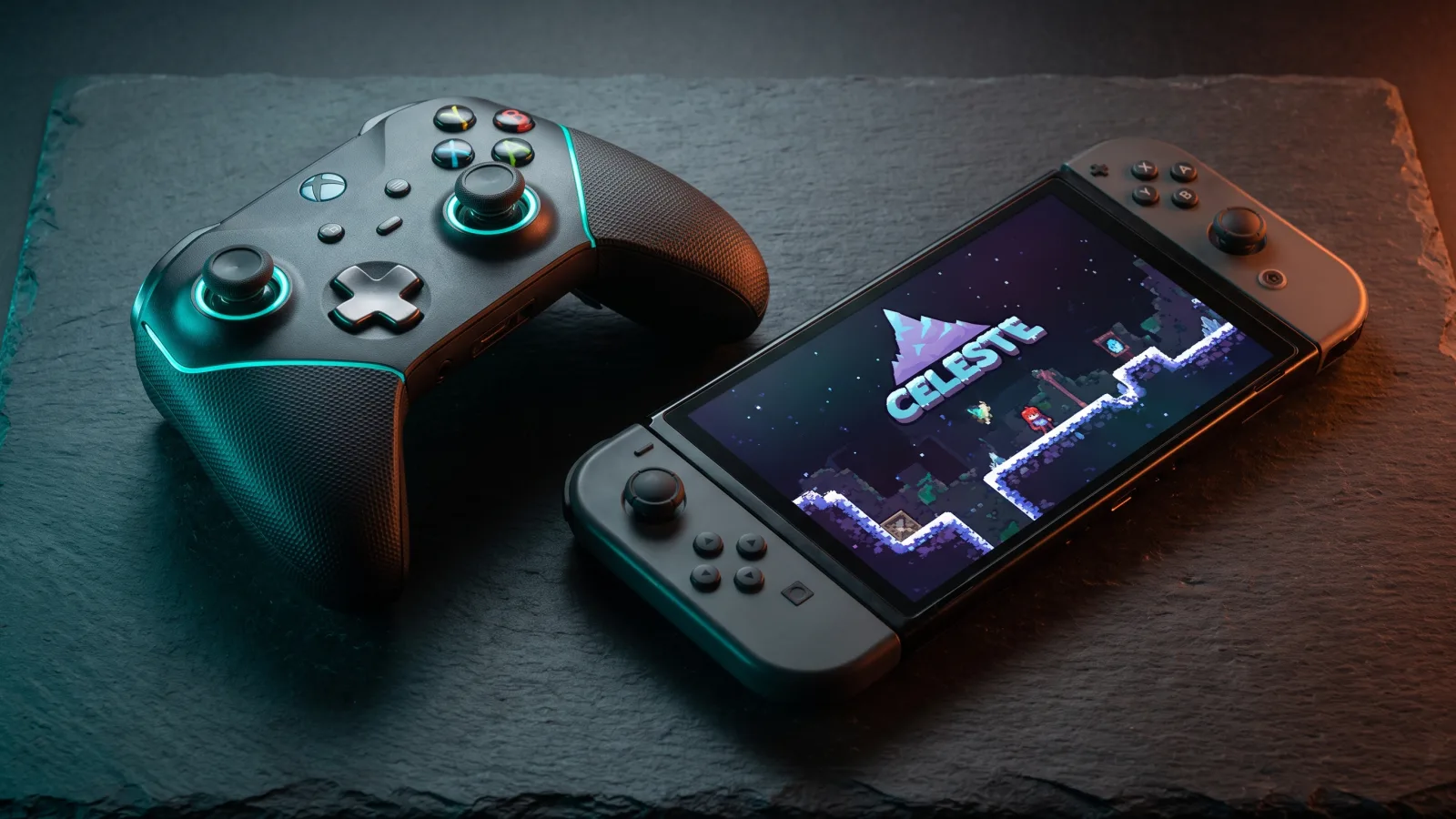 Manette et console portable affichant un jeu indie