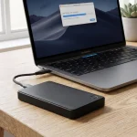 Disque dur externe relié en USB-C à un ordinateur portable pendant une sauvegarde de données
