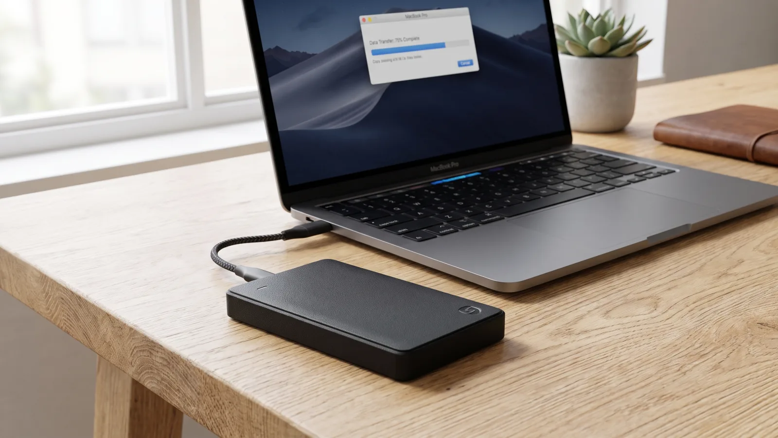 Disque dur externe relié en USB-C à un ordinateur portable pendant une sauvegarde de données
