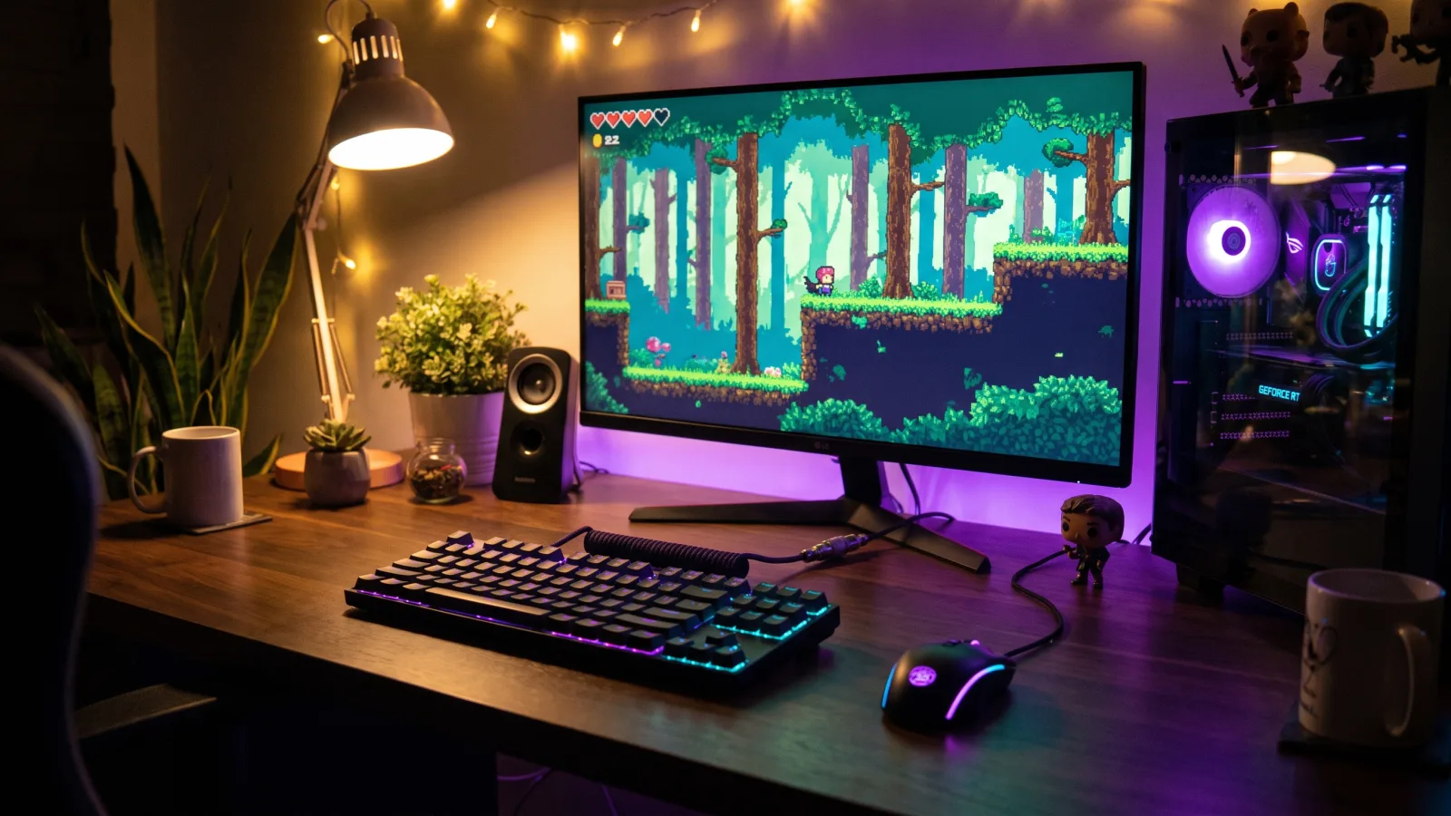 Setup gaming RGB affichant un jeu indépendant en pixel art