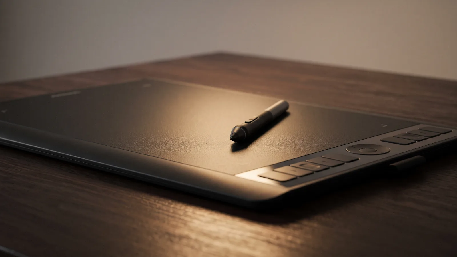 Tablette graphique sans écran et son stylet posés sur un bureau en bois sombre